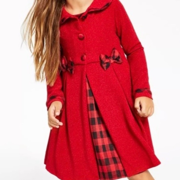 Rare Editions Knit Coat with Buffalo Plaid Dress Set-3T - Picture 1 of 9